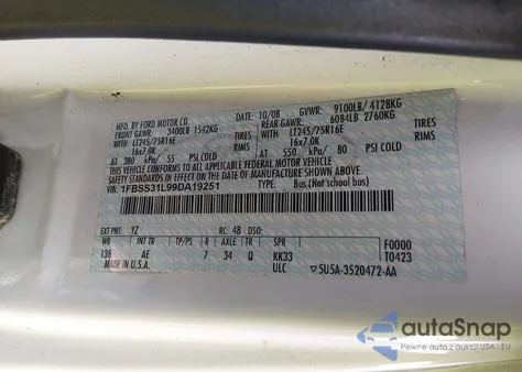 2009 Ford E-350 Super Duty Xl/Xlt из США, поврежденный, VIN 1FBSS31L99DA19251